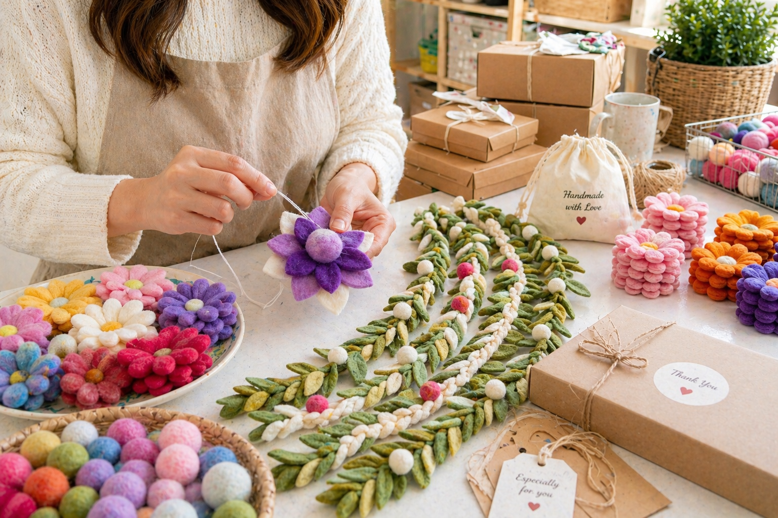 Handmade production or sorting moment showing colorful felt items prepared for order